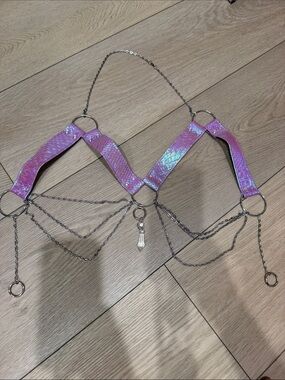Dolls Kill Iridescent Pink Chain Harness Rave Bra
